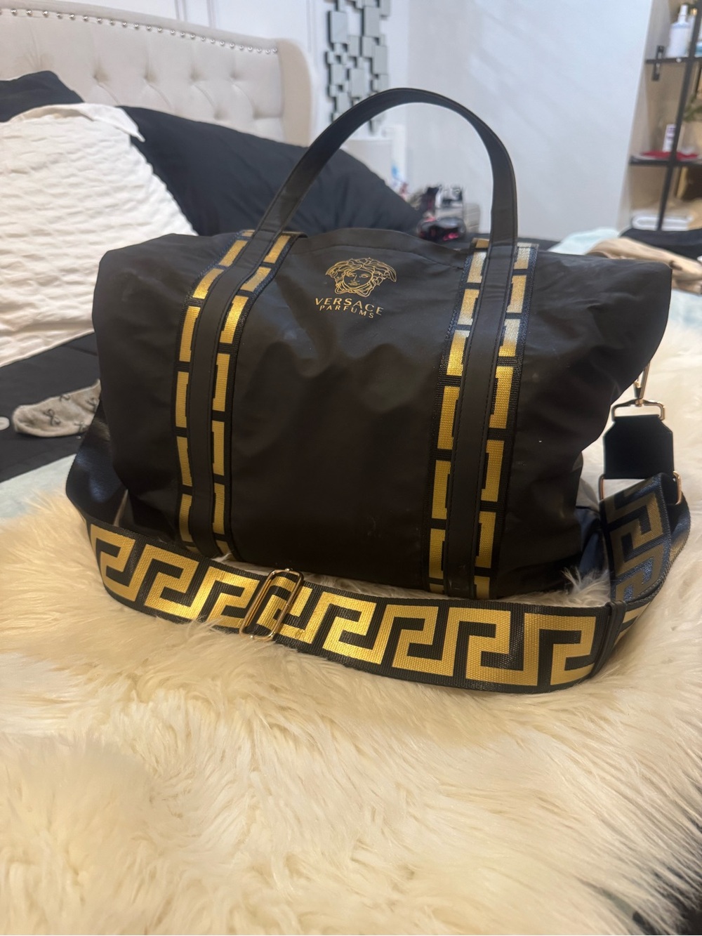 Versace Black and Gold Greek Key Duffel Bag